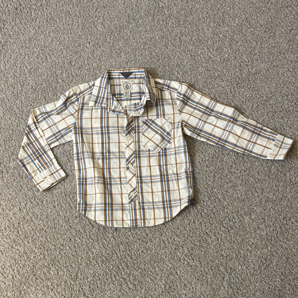 Volcom Kids Plaid Button-Down Shirt - Blue & Cream & Brown boys size 5